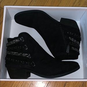 black suede booties with gems and rhinestones